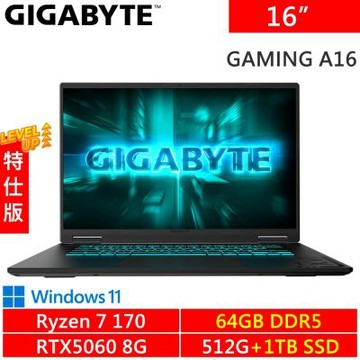 技嘉 GAMING A16 5VHP3TW893SH-SP8 16吋 黑(AMD Ryzen 7 170/64G DDR5/512G +1TB SSD/RTX5060 8G/W11)特仕機