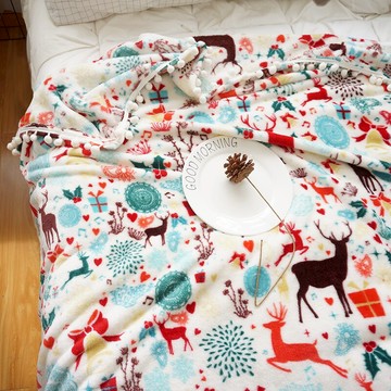 圣誕節日禮物印花流蘇球球法蘭絨毛毯辦公室午睡毯子沙發蓋毯禮盒