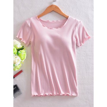 帶胸墊上衣女t恤睡衣免文胸罩杯一體瑜伽運動莫代爾棉短袖家居服