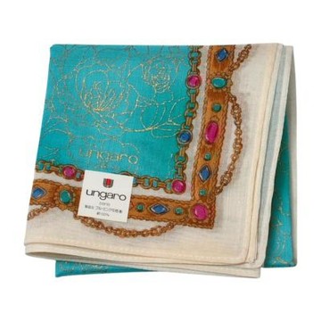 ungaro paris 青底金線玫瑰棉質字母LOGO圖騰帕巾(44CM)