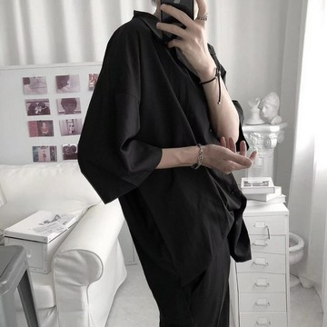 夏季薄款休閑襯衫 開衫 五分袖 寬鬆襯衣 日系寬鬆 短袖男 内搭打底 休閑短袖 寬鬆短袖 黑色『癮品流行』