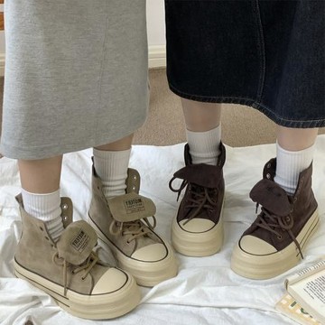 厚底高幫帆布鞋女2026新款春季復古百搭小眾板鞋女一鞋兩穿款鞋子