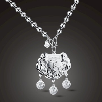 復古S925純銀長款圓珠毛衣項鏈兒童長命百歲平安銀鎖吊墜生日禮物