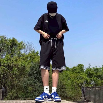 國潮腰果花假兩件短褲男夏季高街寬松側邊排扣籃球運動五分褲情侶