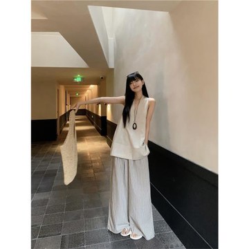 PPHOME松弛感休閑套裝女夏季法式氣質V領寬松背心上衣條紋闊腿褲