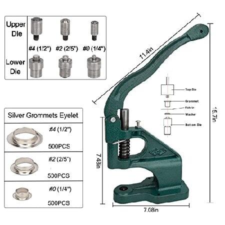 Hand Press Grommet Machine, Grommet Eyelet Machine Heavy Duty Grommet Press Machine Punch Tool with 1500PCS Silver Grommets Eyelet, Dies (#0#2#4),