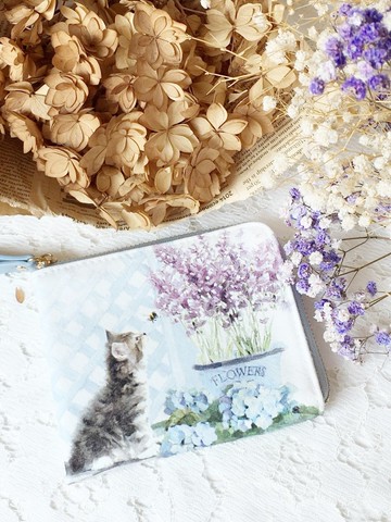 【L型短夾】貓咪的小花園 L型拉鍊短夾 輕薄 零錢包 皮包 錢包