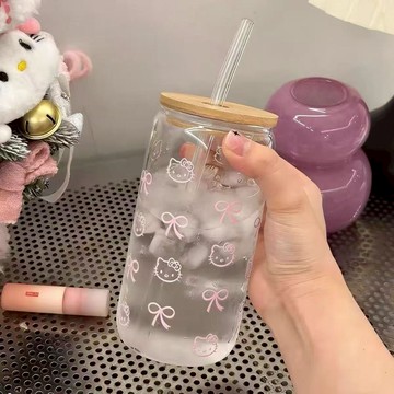 kitty水杯 貓咪玻璃吸管杯高顔值水杯高硼硅家用杯 kitty吸管杯 kitty玻璃杯 可愛水杯 禮品水杯