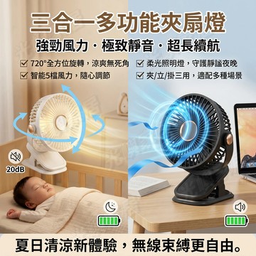 【旗艦版·三合一】夾立式兩用風扇 USB充電 小夜燈扇 夾式風扇 外出風扇 風扇燈 調節風扇 小風扇 夾扇 風扇