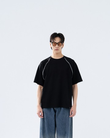 男裝 配色車線織標設計短袖上衣-黑M/L/XL