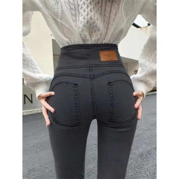 黑色蜜桃臀收腹牛仔褲女春季新款高腰彈力顯瘦加絨緊身小腳鉛筆褲