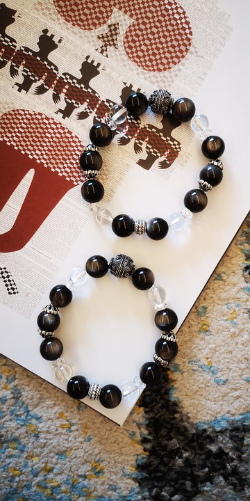 黑曜石三重奏B-半半曲-BD-808-776~貓眼黑曜石.白水晶