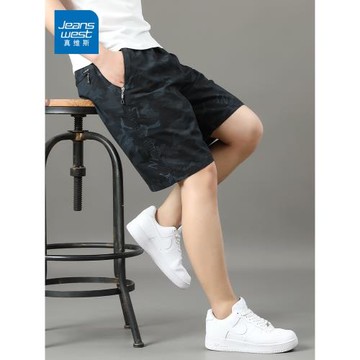 真維斯印花黑色男士純棉短褲夏季薄款休閑褲男拉鏈口袋寬松五分褲