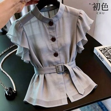 初色 法式通勤風純色圓領短袖荷葉袖排釦腰帶收腰襯衫上衣女上衣-灰色-52423(M-XL可選)