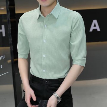 夏季七分袖襯衫男短袖冰絲休閑潮牌五分袖襯衣高級感男士雪紡寸衣