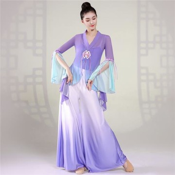 古典舞女飄逸身韻紗衣練功服色漸變中國風瑜伽形體民族表演出套裝