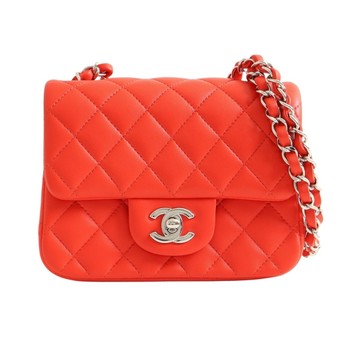 CHANEL 香奈兒 Mini Square 肩背包 番茄紅 羊皮 銀釦 A35200 【二手名牌BRAND OFF】