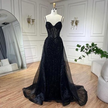 【女神婚紗禮服】奢華性感美背細肩帶紗罩魚尾長裙晚禮服LA72451神秘黑