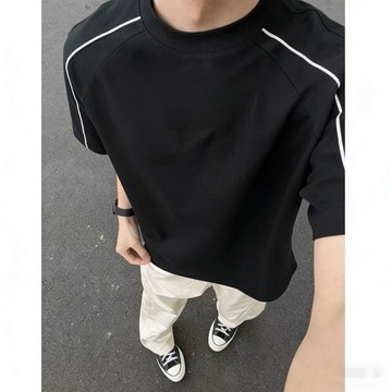 男生短袖 插肩袖上衣 美式重磅潮流拼接短袖T恤男女款夏季新款插肩條紋設計感休閒上衣0630