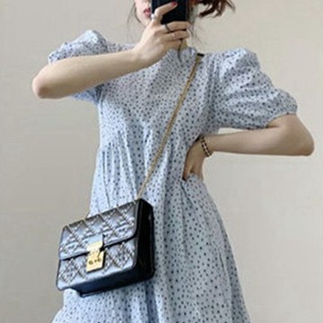 法式氣質減齡清新高級感2022春夏新款波點藍色連衣裙女小子超仙