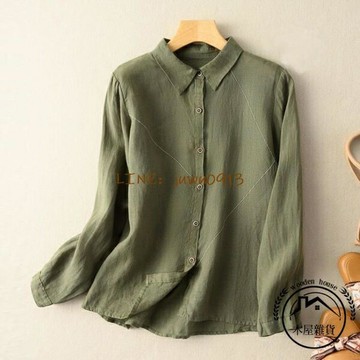 流行女裝長袖棉麻襯衫上衣休閒寬版亞麻襯衣女士服飾【木屋雜貨】