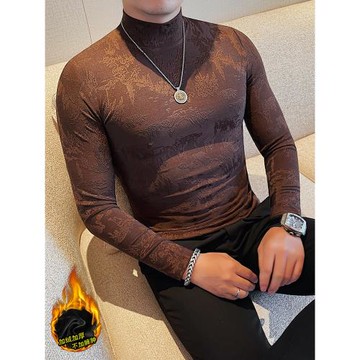 山水畫印花半高領t恤男長袖秋冬季加絨加厚潮流修身高級感打底衫