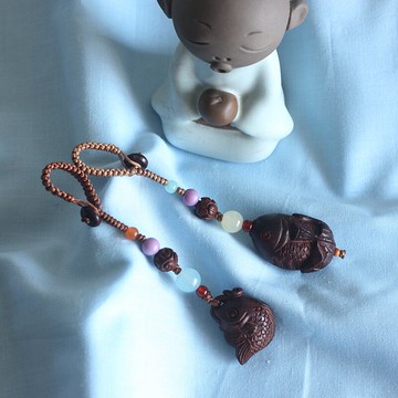 正宗小葉紫檀如意魚蓮年有魚吉祥掛飾女款手工汽車車鑰匙掛 禮品