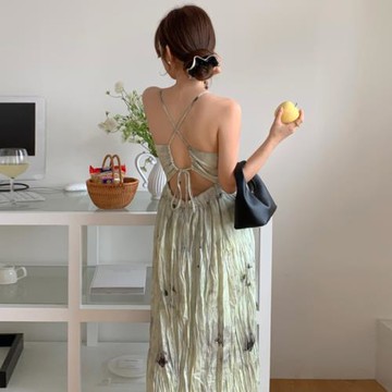 韓國chic夏季法式優雅V領露背系帶蝴蝶結水墨印花吊帶連衣裙女