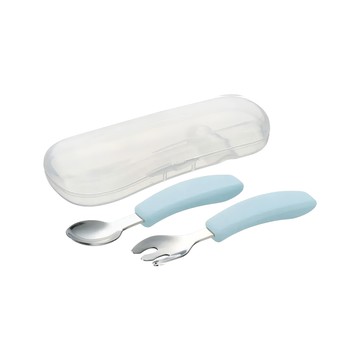 Richell 利其爾 TLI 不鏽鋼匙叉組 好握手把設計 不易滑落  藍色  幼兒湯匙 + 叉子 + 收納盒  1組