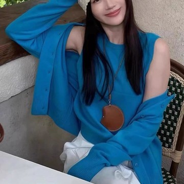 臺灣出貨-2026超火早秋韓系氛圍感穿搭一整套藍色毛衣開衫背心上衣兩件套裝