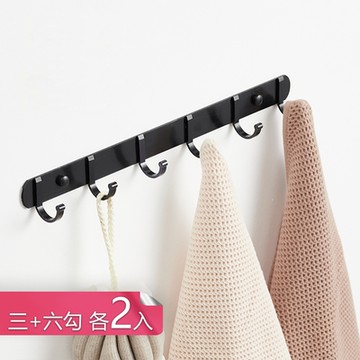 【荷生活】加厚實心太空鋁壁掛式排勾 門後收納廚房櫥櫃免打孔掛勾-三勾+六勾各2入組