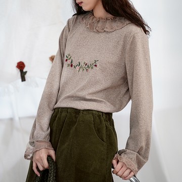 蕾絲拼接花邊領長袖T恤835668