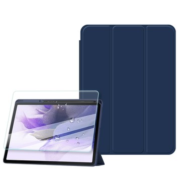 VXTRA 軍事全防護  三星 Samsung Galaxy Tab S9 Ultra  晶透背蓋 超纖皮紋皮套(深海藍)+9H玻璃貼 X910 X916