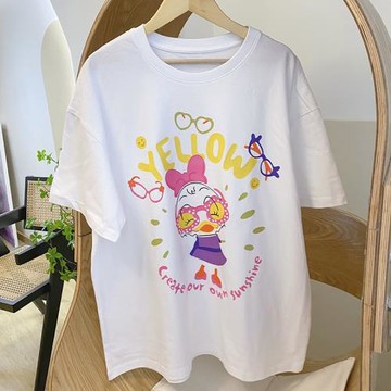 韓版白色慵懶風圓領字母卡通印花寬松短袖T恤中長款上衣女T-shirt