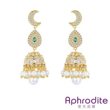 【愛芙晶鑽】微鑲美鑽民族風月牙水滴鈴鐺珍珠造型耳環 造型耳環 美鑽耳環 珍珠耳環