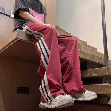 夏季大碼250斤冰絲休閑褲男寬松加肥加大褲子美式拼色寬松運動褲