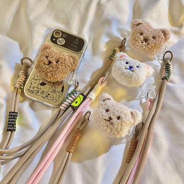 日韓卡通毛絨玩偶泰迪小熊背夾斜挎繩繩 手機殼加長掛繩 掛脖繩 戶外揹帶式肩帶手機背夾 編織尼龍繩 手機背夾斜挎可調式掛繩