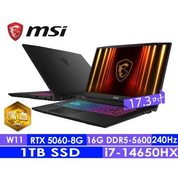 MSI微星 Katana 17 HX B14WFK-203TW 17.3吋電競筆電(i7-14650HX/16G/1T SSD/RTX5060-8G/Win11)