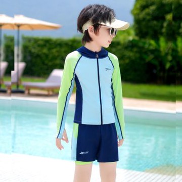 Biki.泳裝貝克有帽外套長袖短褲3-5L二件式男大童泳衣