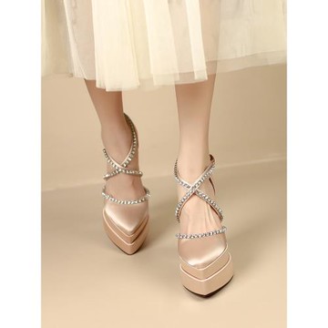 超高跟包頭水鉆涼鞋女新款粗跟防水臺綢緞婚宴禮服走秀恨天高13CM