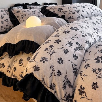 秋冬法式復古風牛奶絨床包組 床包四件套 法蘭珊瑚絨床包組 花邊被套 床單 床包款 三件套 雙人 雙人加大床包組