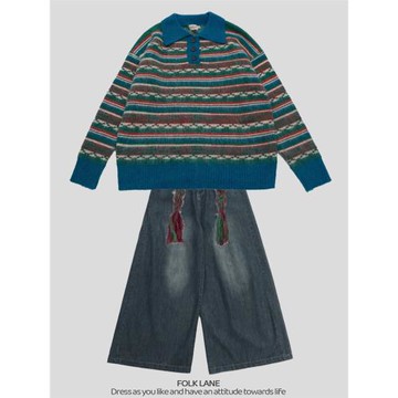 稚成人online 復古polo領彩條紋毛衣女秋冬設計感慵懶風針織上衣