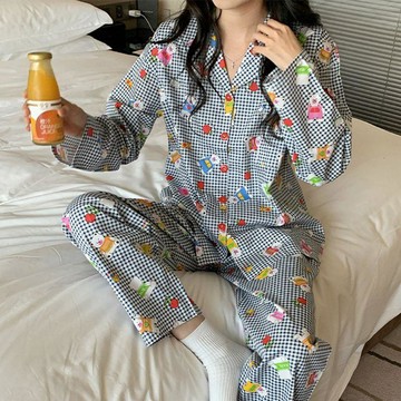 可可裡🌺睡衣女可愛小熊格紋長袖春秋季新款甜美休閒套裝學生可外穿家居服
