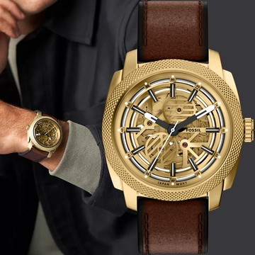 FOSSIL Machine 工業風鏤空機械錶-金x咖啡/45mm ME3278