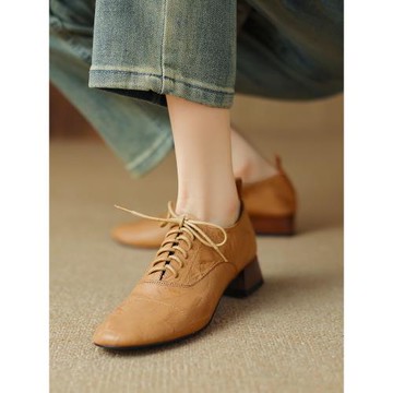 韓版舒適英倫復古里外全皮深口單鞋系帶圓頭四季可穿低跟羊皮女鞋