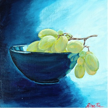 藍色碗中的青葡萄靜物水果藝術廚房繪畫  作者  RinaArtSK