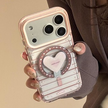 磁吸支架適用蘋果17promax手機殼粉棕條紋愛心iPhone16防摔15軟18