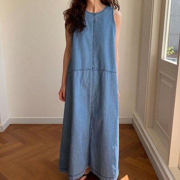 韓國chic小眾百搭圓領雙口袋明線設計寬松長款背心牛仔連衣裙女