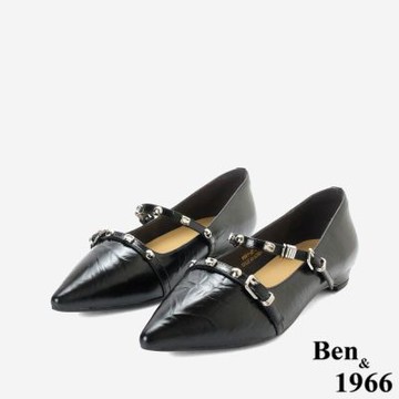 Ben&1966高級頭層牛油皮內增高雙皮釦尖頭包鞋-黑(258271)