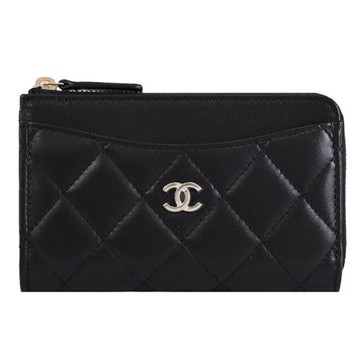CHANEL AP3179 經典雙C LOGO小羊皮L型拉鍊零錢卡包.黑/淡金